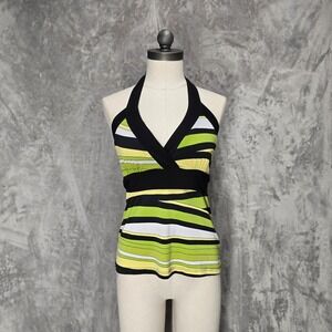 Vtg‎ Y2K Forever 21 Babydoll Halter Top Striped Green Yellow Women Sz L Stretchy